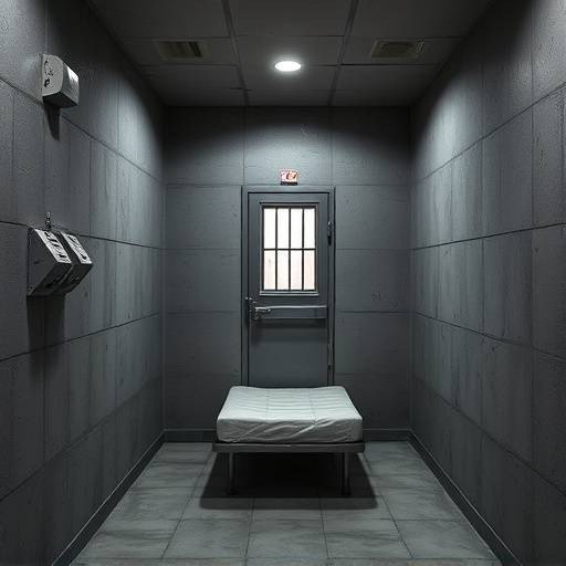 Imagen de una celda de aislamiento solitario con paredes grises, una cama pequeña y una puerta de acero con una pequeña ventana.