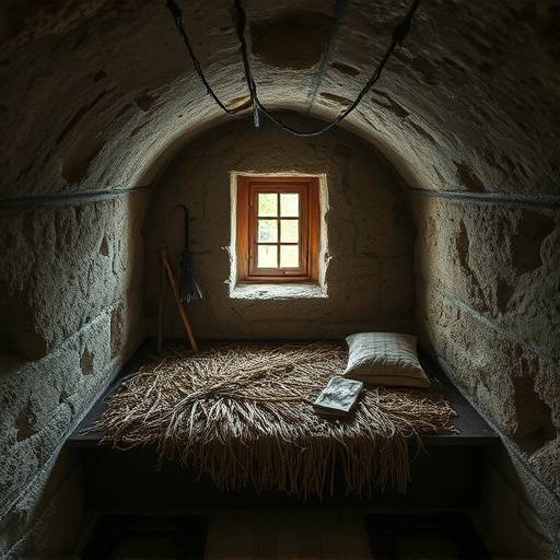 Imagen de una celda medieval con muros de piedra, una pequeña ventana y una cama de paja sucia.