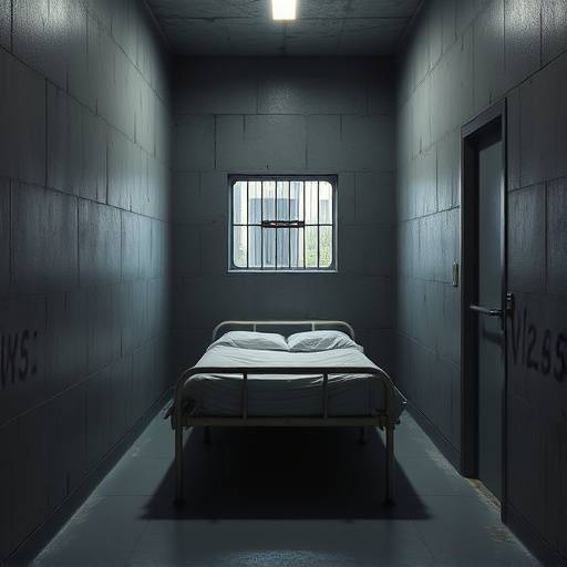 Imagen de una celda supermax con paredes de hormigón, una cama de acero y una ventana pequeña con barrotes.