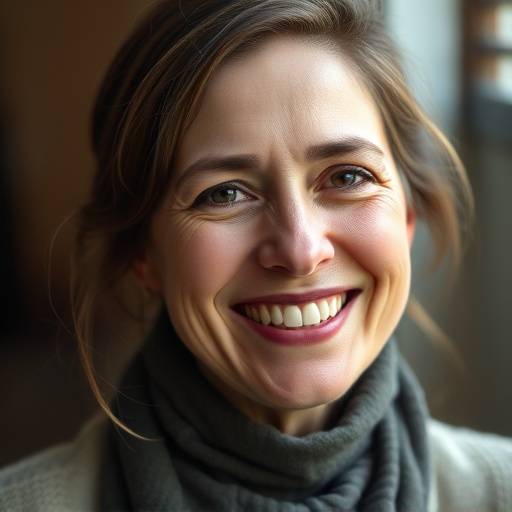 Portrait d'Isabelle Moreau, professeure de théâtre souriante et chaleureuse.