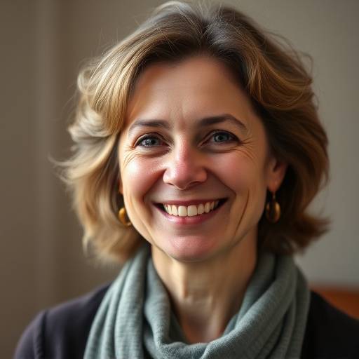 Portrait d'Isabelle Moreau, professeure de théâtre souriante et chaleureuse.