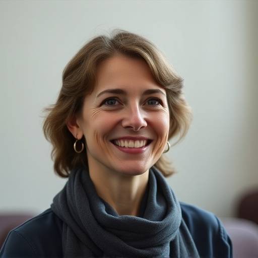 Portrait d'Isabelle Moreau, professeure de théâtre souriante, spécialisée en improvisation et en techniques de jeu.