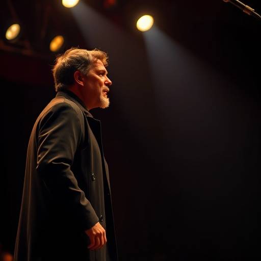 Un acteur sur scène, absorbé par son rôle, interprétant une scène dramatique avec une expression intense et authentique.