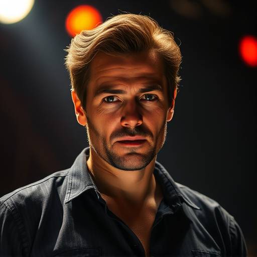 Un acteur sur scène, éclairé par les projecteurs, incarnant un personnage avec une expression intense.