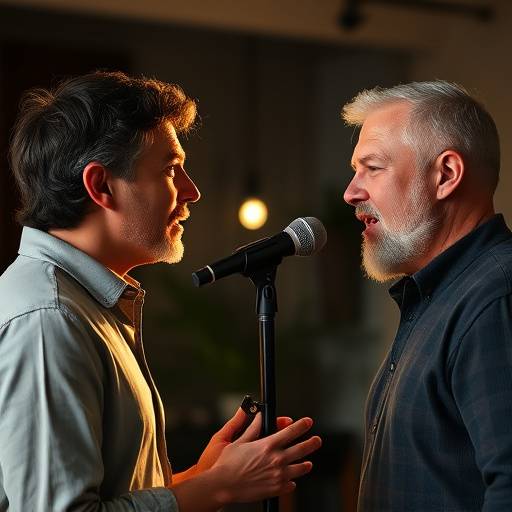Un coach vocal guidant un acteur lors d'une session de travail sur la respiration, la projection vocale et l'articulation pour améliorer sa diction.