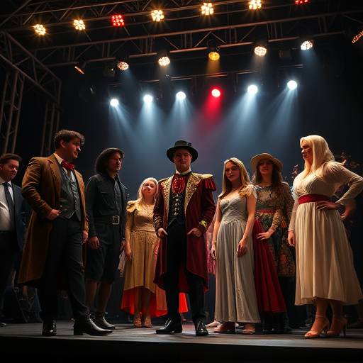 Une scène de théâtre contemporain, avec des acteurs dans des costumes modernes et un éclairage créatif.